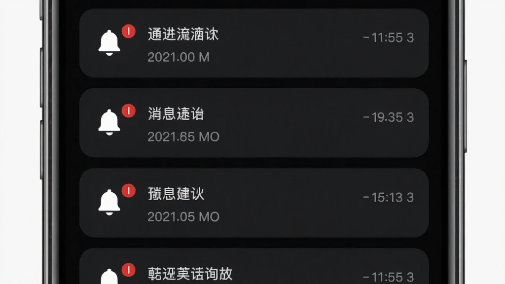 消息提醒机制功能界面展示,主体为手机屏幕中显示消息通知列表,布局为纵向排列,排版简洁,风格为素雅极简,细节包含铃铛图标、未读红点、时间戳,画质高清,画面干净,无多余元素