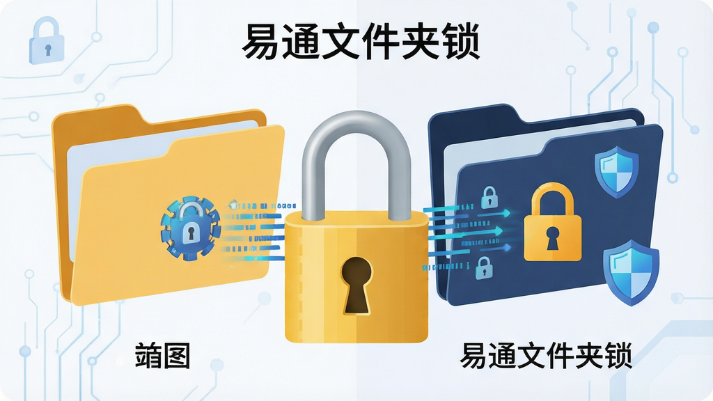 一张展示易通文件夹锁加密过程的示意图,主体为文件夹被一把金色大锁锁住的画面,布局为左侧显示普通文件夹、右侧显示加密后的文件夹带锁图标,排版左右对比,风格为扁平化科技风格,细节包括加密锁图案、数据流线条、盾牌安全标识,画面中标注文字“易通文件夹锁”,画质高清,画面干净,无多余元素