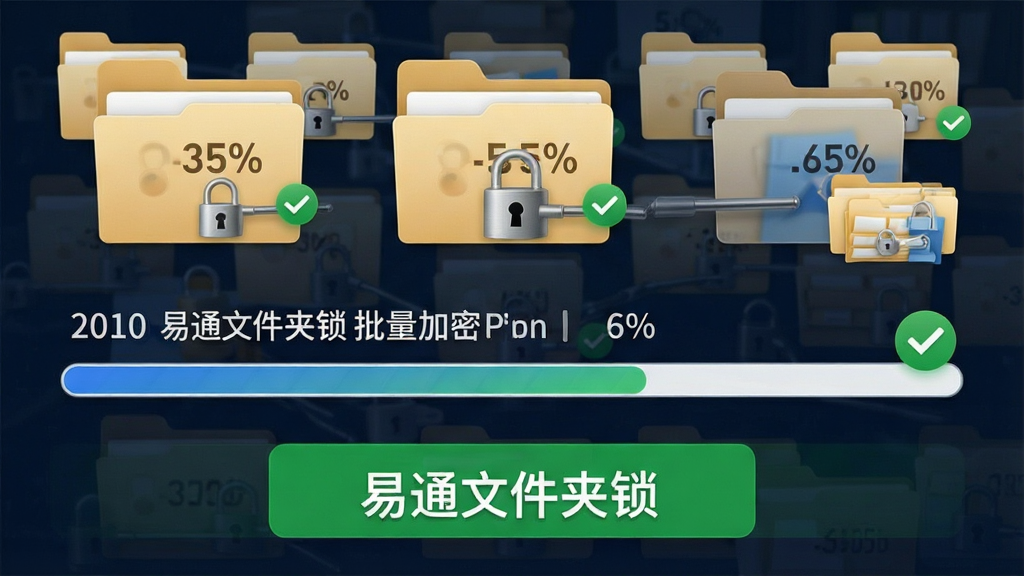 一张展示易通文件夹锁批量加密功能的图片,主体为多个文件夹同时被加密的场景,布局为上方显示多个文件夹图标、中部显示进度条、下方显示完成状态,排版纵向分布,风格为简洁商务风格,细节包括进度百分比数字、绿色对勾图标、文件夹缩略图,画面中标注文字“易通文件夹锁”,画质高清,画面干净,无多余元素