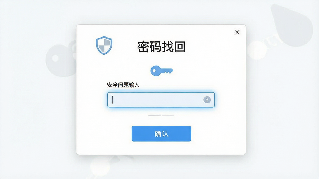 一张展示易通文件夹锁密码找回界面的图片,主体为密码找回窗口,布局为上方标题“密码找回”、中部安全问题输入框、下方确认按钮,排版居中对称,风格为清新简约风格,细节包括盾牌图标、钥匙图标、输入框高亮效果,画面中标注文字“易通文件夹锁”,画质高清,画面干净,无多余元素