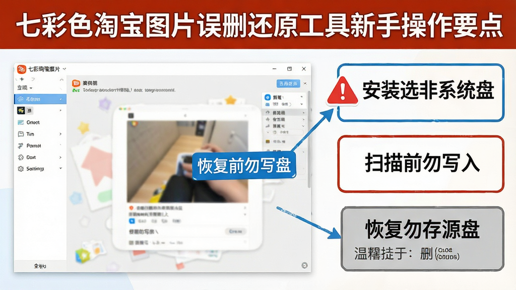 一张展示七彩色淘宝图片误删还原工具新手操作要点的图片,主体是软件界面截图配合文字标注提示,布局为左侧软件主界面、右侧标注框列出“安装选非系统盘”“扫描前勿写入”“恢复勿存源盘”等要点,排版为图文结合式说明,风格为教程指引风格,细节包括红色警告图标、蓝色技巧标签、灰色温馨提示框,画质清晰,干净,无多余元素