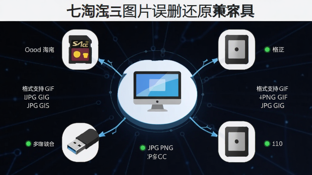 一张展示七彩色淘宝图片误删还原工具多设备兼容性的图片,主体是软件界面连接多种存储设备的示意图,布局为中央显示电脑图标,周围环绕SD卡、U盘、移动硬盘图标并有连线指向电脑,排版呈放射状,风格为科技连接示意图风格,细节包括设备名称标签、格式支持列表如“JPG PNG GIF”、连接状态指示灯,画质清晰,干净,无多余元素