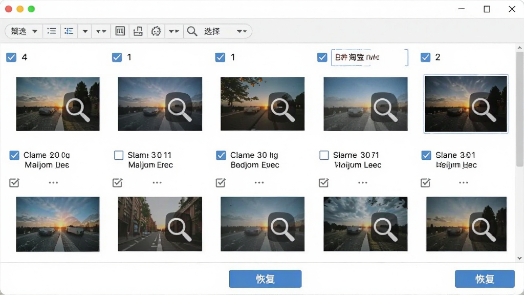 一张展示七彩色淘宝图片误删还原工具预览与选择性恢复功能的图片,主体是软件界面中网格状排列的图片缩略图预览窗口,布局为上方筛选工具栏、中部缩略图网格、下方恢复按钮,排版整齐有序,风格为图片管理软件界面风格,细节包括勾选框、图片尺寸信息、文件名标签、预览放大镜图标,画质清晰,干净,无多余元素