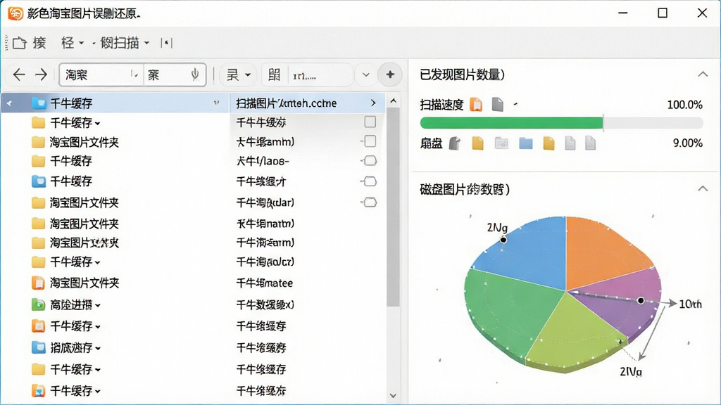 一张展示七彩色淘宝图片误删还原工具深度扫描功能的图片,主体是软件界面中扫描路径列表与磁盘扇区可视化图示,布局为左侧显示淘宝相关文件夹路径,右侧显示扫描进度与已发现图片数量,排版采用分栏式信息展示,风格为专业数据恢复软件界面风格,细节包括路径名称如“千牛缓存”“淘宝图片文件夹”、扫描速度显示、文件类型图标,画质清晰,干净,无多余元素