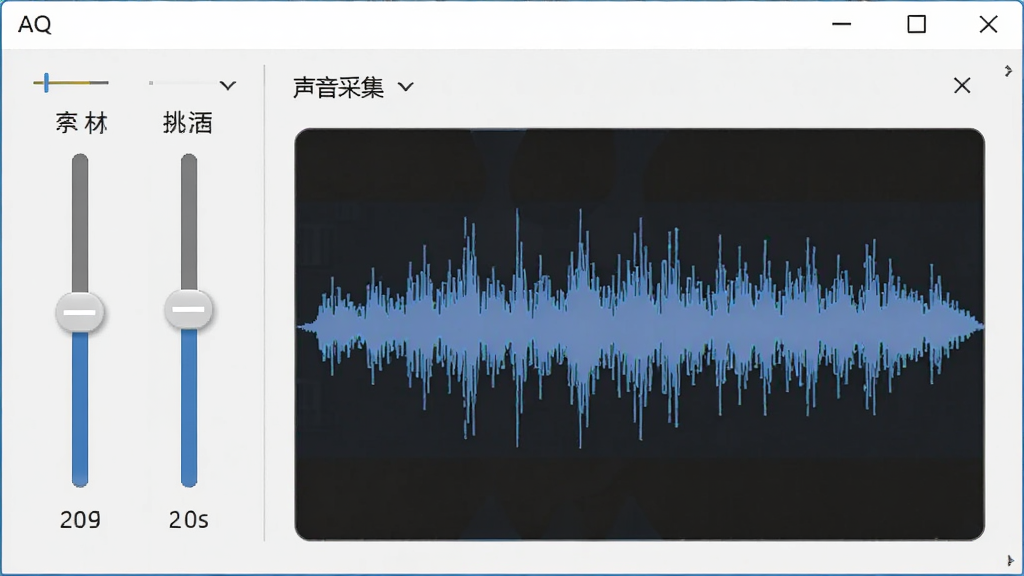 AQ录制软件的音频设置面板,主体为声音采集选项界面,布局采用左右分栏排版,风格为简洁商务风,细节包括系统声音和麦克风音量调节滑块、音频波形示意图,画质清晰,画面干净,无多余元素