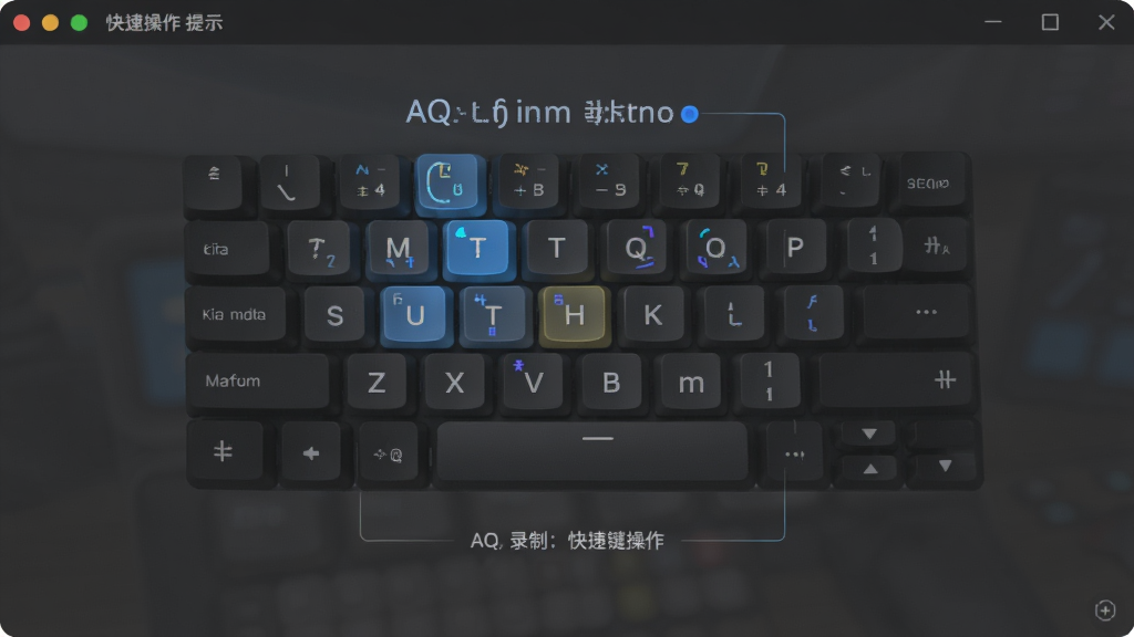 AQ录制软件的快捷键操作提示界面,主体为键盘按键组合示意图,布局采用居中排版,风格为现代简约风,细节包括高亮的快捷键位标识和功能说明文字,画质高清,画面干净,无多余元素
