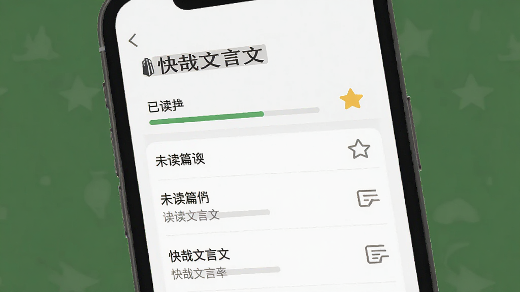 画面展示手机屏幕内呈现列表式学习进度界面,屏幕上方有“快哉文言文”标题,下方显示已读与未读篇目,布局为上下结构,风格为现代简约扁平化,细节上有进度条、收藏星标、笔记图标等元素,画质清晰,干净,无多余元素