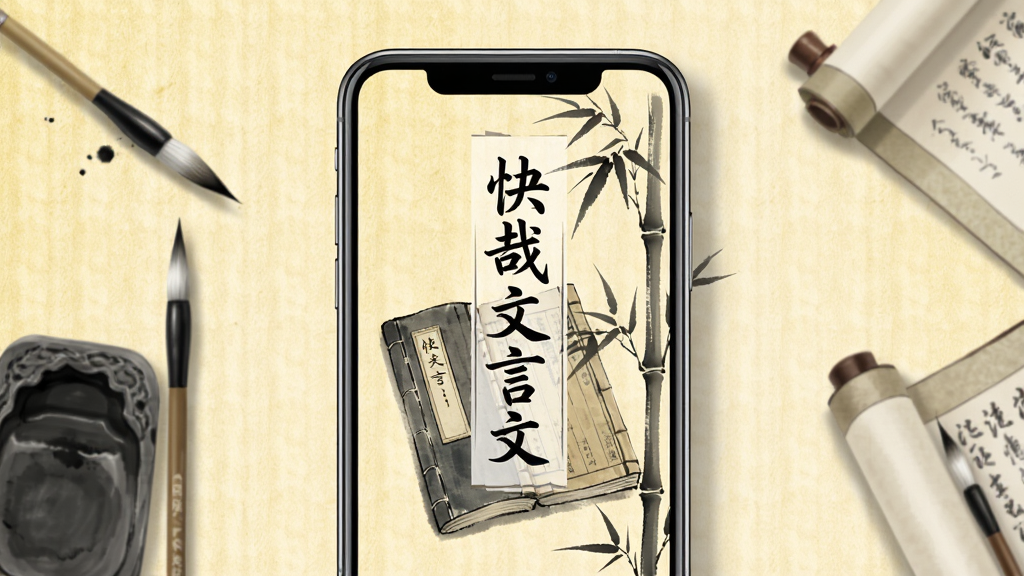 画面中央展示一部智能手机,手机屏幕内呈现古风书籍与竹子元素,界面显示“快哉文言文”字样,背景为淡黄色宣纸纹理,布局简洁大方,风格为中国传统水墨风,细节上加入毛笔、墨砚、卷轴等元素,画质清晰,干净,无多余元素