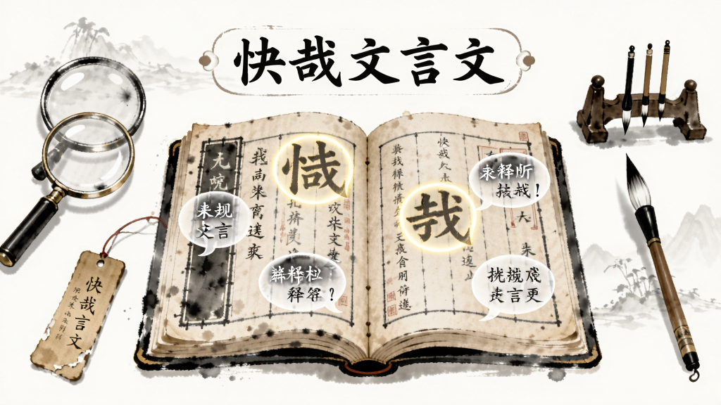画面中心为一本展开的古籍,书页上浮现出高亮的文言字词与释义气泡,周围环绕着“快哉文言文”文字标识,布局为居中对称,风格为清新水墨插画,细节上有放大镜、书签、笔架等元素,画质干净清晰,无多余元素