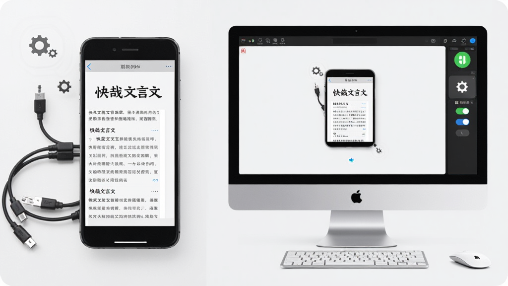 画面展示一部手机与一台电脑并排摆放,手机屏幕显示“快哉文言文”阅读界面,电脑屏幕显示模拟器运行同一应用,布局为左右对比,风格为科技简约风,细节上有数据线、齿轮图标、权限开关等元素,画质清晰,干净,无多余元素