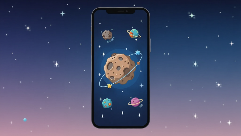 主体为一部智能手机屏幕,屏幕上显示卡通风格的小行星在深蓝色宇宙中漂浮,周围有星星和光晕,布局为手机居中放置,背景为渐变星空,排版简洁,风格为扁平插画,细节包含星球纹理、轨道线条、小行星文字标识,画质高清,干净,无多余元素