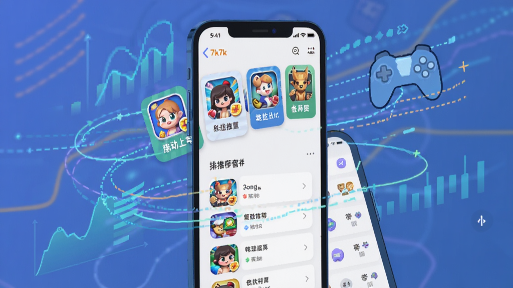 一幅展现7k7k游戏盒智能推荐界面的图片,画面中手机屏幕显示多个游戏推荐卡片和排行榜列表,卡片上有游戏图标和名称,周围有数据流动的抽象线条,风格为科技感扁平插画,色彩明亮,细节清晰,画质干净,无多余元素
