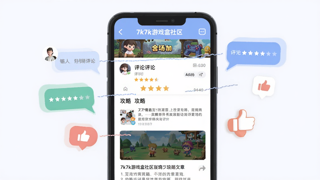 一张展示7k7k游戏盒社区互动功能的图片,画面中手机屏幕显示游戏详情页,包含用户评论、评分星级和攻略文章列表,旁边有聊天气泡和点赞图标,风格为清新扁平化UI设计,色彩柔和,细节清晰,画质干净,无多余元素