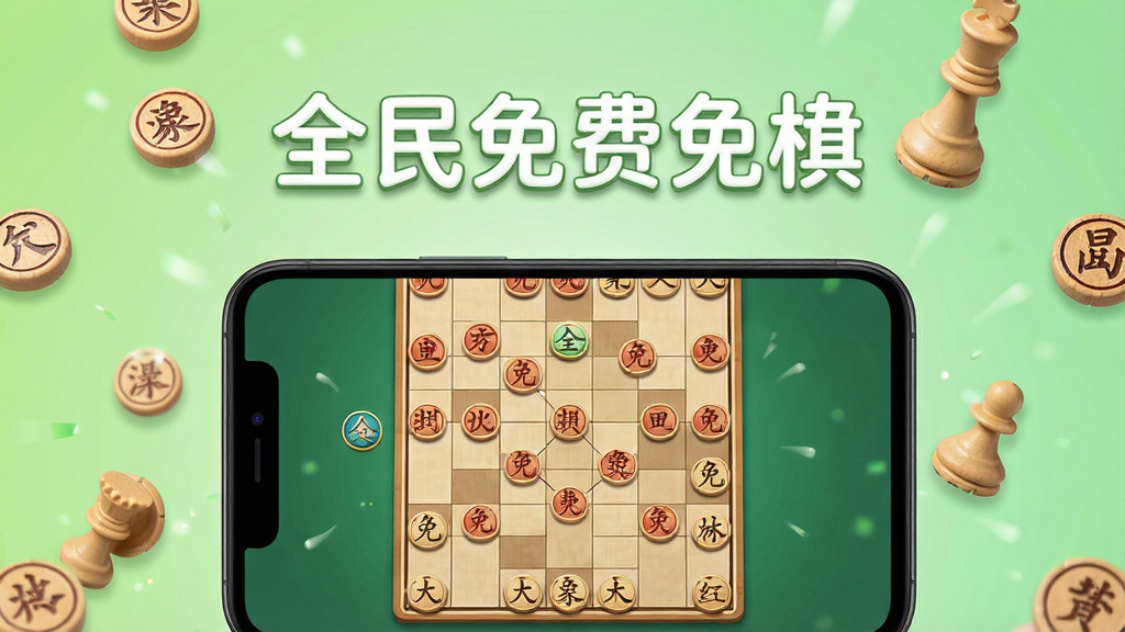 一张展示全民免费象棋免费特性的图片,画面主体是一部手机,手机屏幕上显示全民免费象棋的棋盘界面,屏幕上方悬浮着