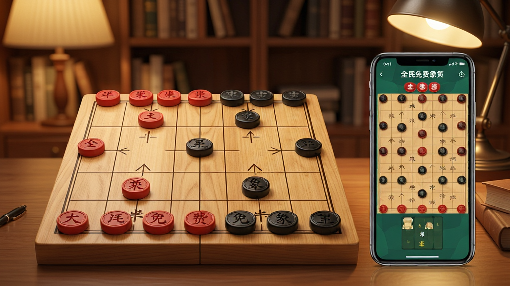 一张展示全民免费象棋应用界面的图片,画面中央是木质纹理的中国象棋棋盘,红黑双方棋子整齐排列在棋盘上,棋盘旁边放置着一部智能手机,手机屏幕上显示着全民免费象棋的对战界面,背景是温馨的书房环境,暖色调灯光,风格写实,细节丰富,画质清晰,干净利落,无多余元素