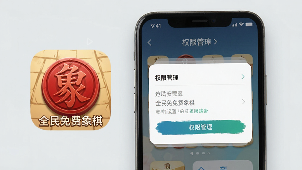 一张展示全民免费象棋安装设置界面的图片,画面中手机屏幕上显示着权限管理页面,旁边有