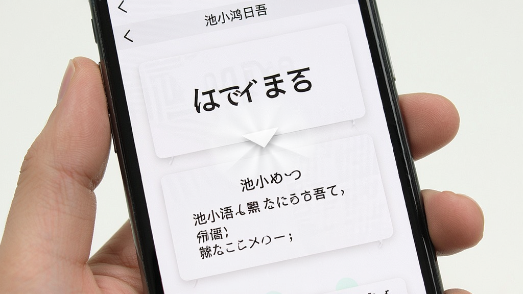池小鸿日语 单词卡片学习页面 手机屏幕显示一张单词卡片 正面为日文单词 背面为中文释义和例句 卡片设计简洁 带有翻转动画效果 背景为白色 风格清爽 细节清晰 画质干净