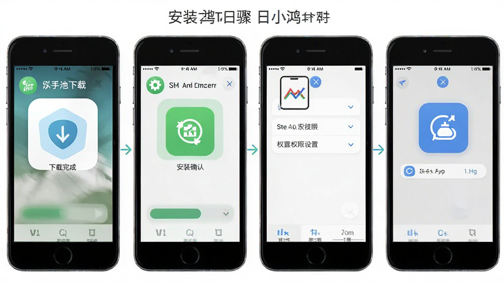 池小鸿日语 新手安装步骤示意图 手机屏幕展示安装流程 包含下载完成 安装确认 权限设置 打开应用四个步骤 画面简洁 风格教程类 细节清晰 画质干净 无多余元素