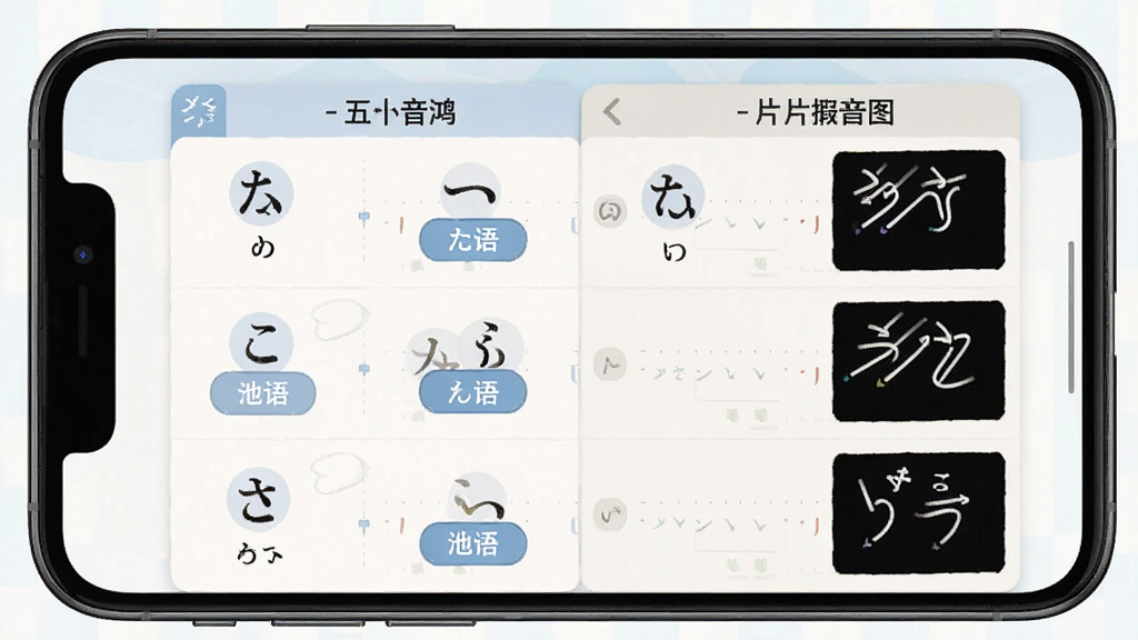 池小鸿日语 五十音图学习界面 手机屏幕展示平假名和片假名对照表 每个假名配有发音按钮和笔顺演示 界面配色柔和 布局整齐 风格教育类应用 细节精致 画质清晰 无杂乱元素