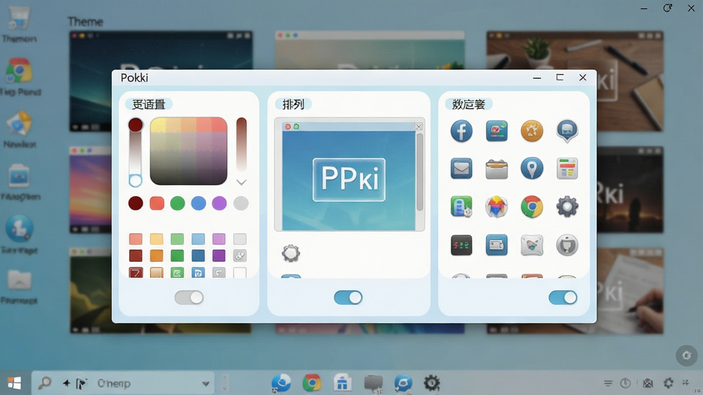 Pokki个性化桌面定制界面,主体为桌面设置面板展示主题皮肤和图标排列选项,布局为居中弹窗式面板,排版分区块展示,风格为清新浅色风,细节包括颜色选择器、预览缩略图、开关按钮,画质高清干净无多余元素