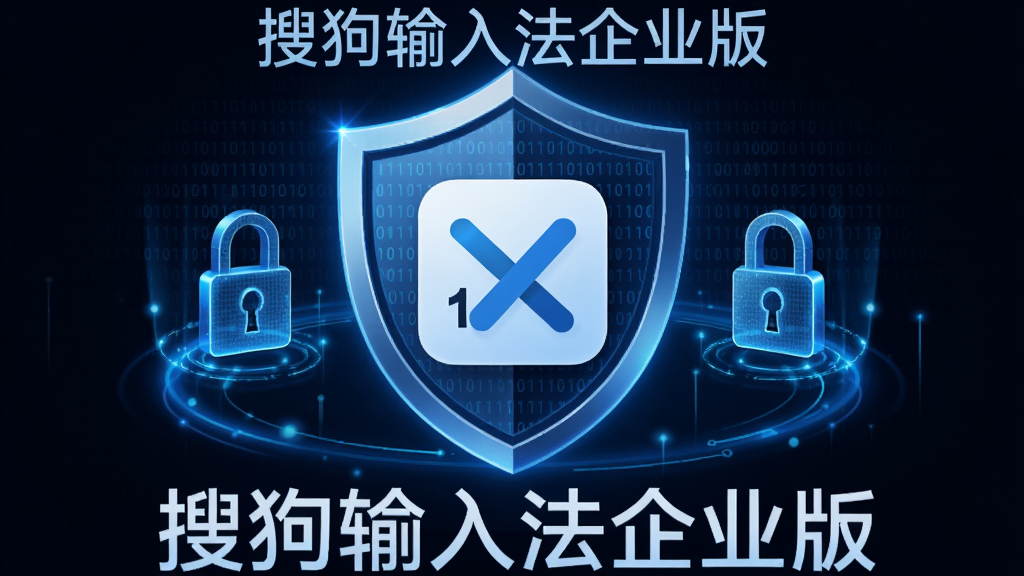 搜狗输入法企业版安全防护概念图,主体为盾牌与输入法图标结合,布局为盾牌居中环绕数据锁与防护光圈,排版对称,风格为科技安全风,细节包含蓝色光效、二进制代码纹理及“搜狗输入法企业版”文字,画质高清,干净,无多余元素。