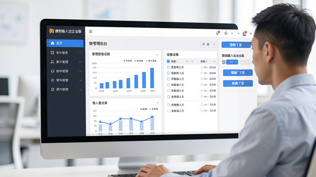 搜狗输入法企业版集中管理后台界面,主体为IT管理员正在操作电脑屏幕上的管理控制台,布局为左右分栏,左侧菜单栏右侧数据面板,排版整齐,风格为简约商务风,细节包含蓝色调图表、设备列表、策略下发按钮及“搜狗输入法企业版”标识,画质高清,干净,无多余元素。