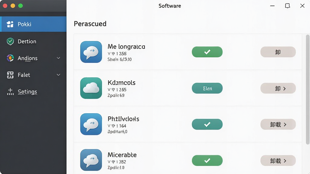 Pokki应用管理面板,主体为软件管理列表界面,布局为左侧导航栏加右侧内容区,排版清晰规整,风格为商务简约风,细节包括应用图标、版本号、更新按钮、卸载选项,画质高清干净无多余元素