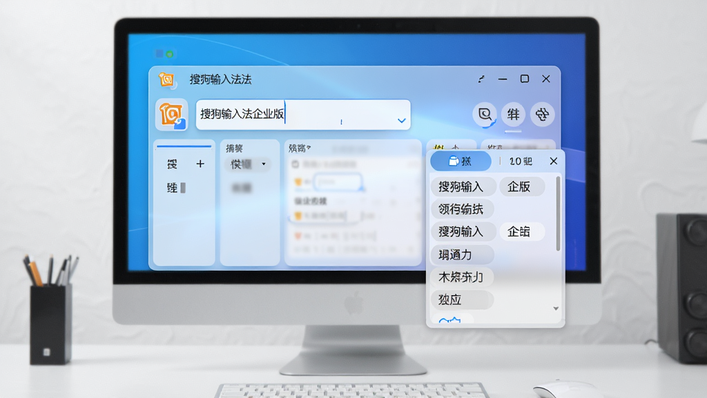 搜狗输入法企业版软件界面主视觉,主体为电脑桌面中央悬浮的输入法状态栏与候选词窗口,布局简洁清晰,排版采用居中构图,风格为现代商务科技风,细节包含蓝色渐变背景、半透明毛玻璃效果、输入法图标与“搜狗输入法企业版”文字标识,画质高清,干净,无多余元素。
