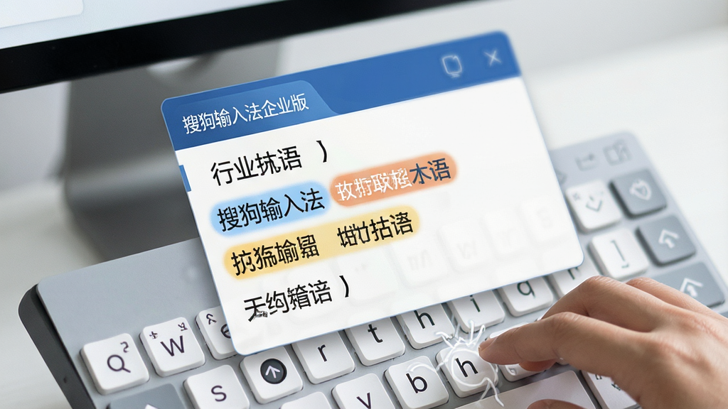 搜狗输入法企业版智能联想功能展示,主体为输入法候选词窗口弹出行业术语,布局为屏幕局部特写,排版清晰,风格为科技办公风,细节包含“搜狗输入法企业版”候选栏、专业词汇高亮及键盘敲击手势,画质高清,干净,无多余元素。