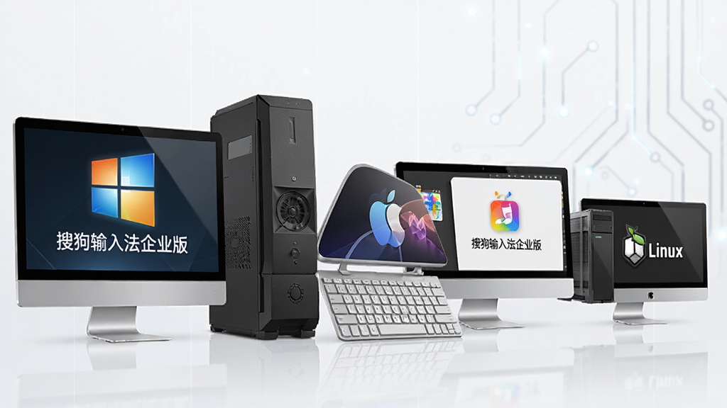 搜狗输入法企业版多端部署示意图,主体为多台不同系统的电脑设备排列展示,布局为水平并列,排版有序,风格为商务科技风,细节包含Windows、macOS、Linux图标及“搜狗输入法企业版”统一标识,画质高清,干净,无多余元素。