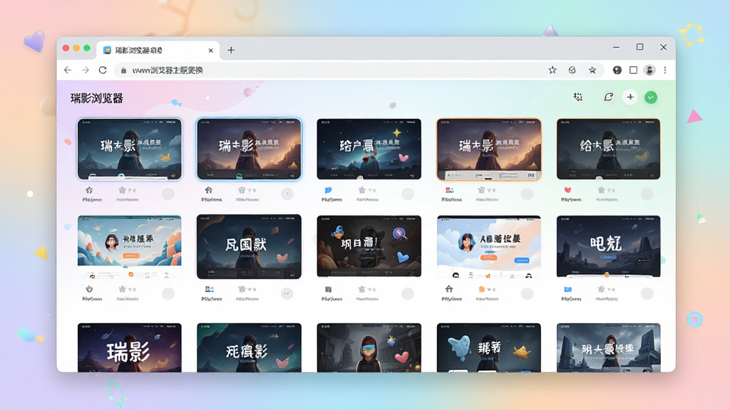一张展示瑞影浏览器主题更换界面的图片,画面中浏览器窗口显示多种皮肤缩略图供选择,背景是柔和的渐变色彩,风格清新活泼,细节清晰,画质干净,无多余元素