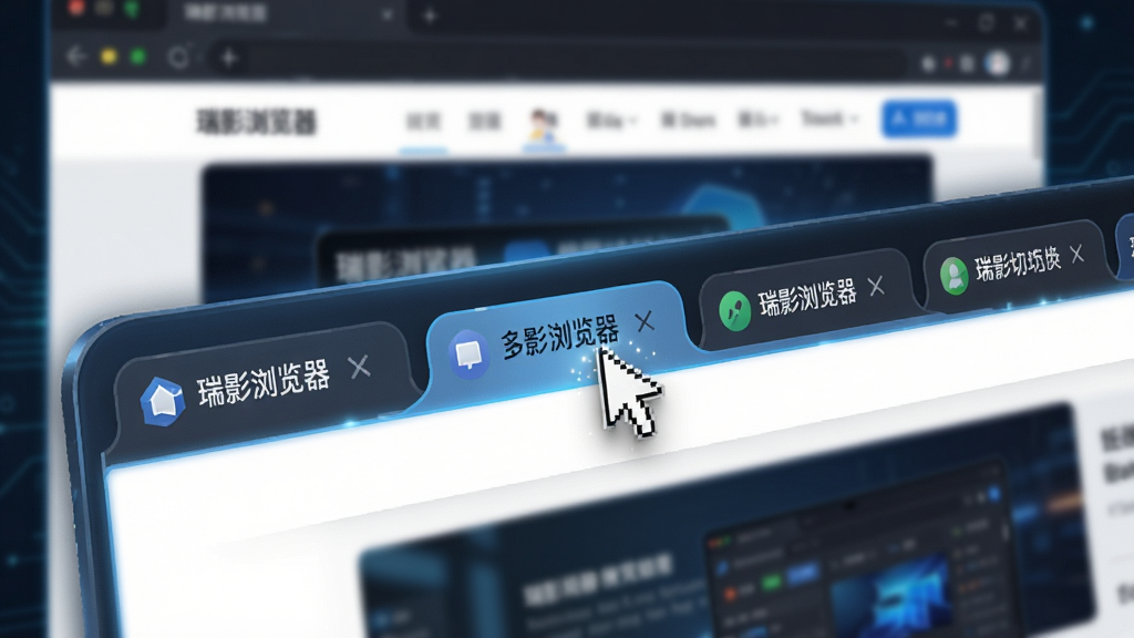 一张展示瑞影浏览器多标签页快速切换的图片,画面中多个网页标签整齐排列,鼠标指针悬停在其中一个标签上,背景是模糊的网页内容,整体风格科技感十足,细节清晰,画质干净,无多余元素