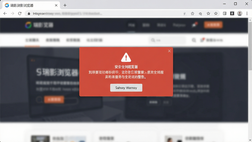 一张展示瑞影浏览器拦截恶意网站警告弹窗的图片,画面中浏览器页面中央显示红色的安全警告提示框,背景是模糊的网页界面,风格简洁明了,细节清晰,画质干净,无多余元素