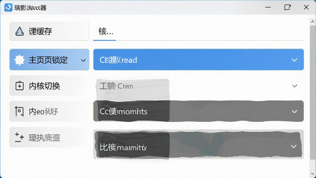 一张展示瑞影浏览器设置界面的图片,画面中显示清理缓存、主页锁定、内核切换等选项,界面布局清晰,风格简洁实用,细节可见,画质干净,无多余元素