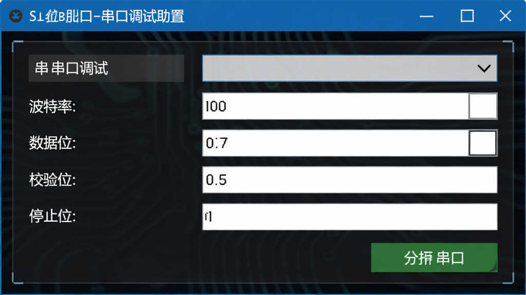 BLUE串口调试助手串口参数配置界面特写,主体为参数设置面板,布局为纵向排列的串口选择、波特率、数据位、校验位、停止位选项,排版紧凑有序,风格为深色科技风界面,细节包含下拉箭头、数值输入框、打开串口按钮,画质高清干净无多余元素