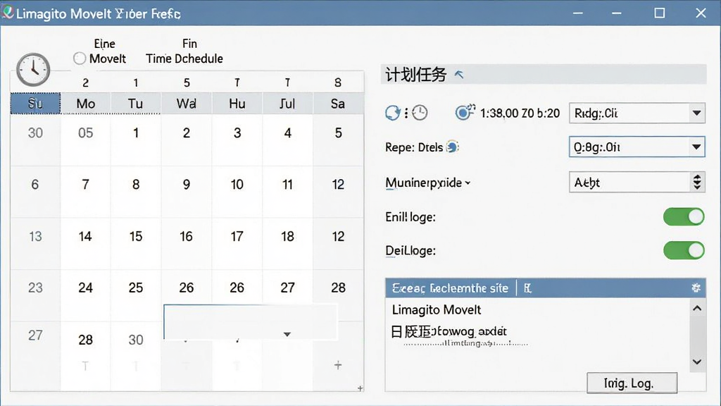 Limagito MoveIt 定时调度设置界面,主体为软件窗口中的计划任务面板,布局为日历与时间选择器组合,排版展示周期选项与执行时间点,风格为简洁办公软件风格,细节包含时钟图标、重复周期下拉框、启用开关、日志查看按钮,画质清晰,干净,无多余元素