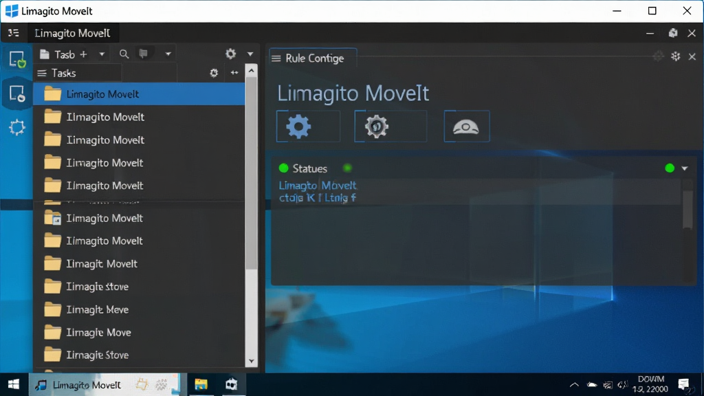 Limagito MoveIt 软件主界面展示,主体为 Windows 桌面窗口,布局包含左侧任务列表与右侧规则配置面板,排版清晰,风格为现代商务软件界面,细节包含文件夹图标、齿轮设置按钮、状态指示灯,画质高清,干净,无多余元素