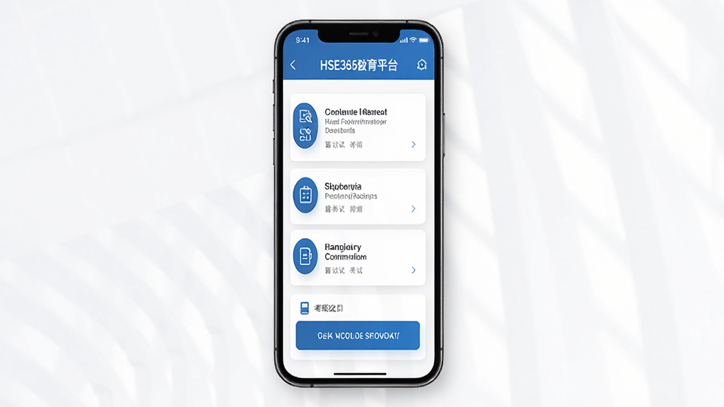 HSE365安全教育平台手机界面展示,主体为一部智能手机,屏幕显示课程列表和考试入口,布局居中,排版简洁,风格现代商务,细节包含蓝色主色调图标和卡片式设计,画质清晰干净无多余元素