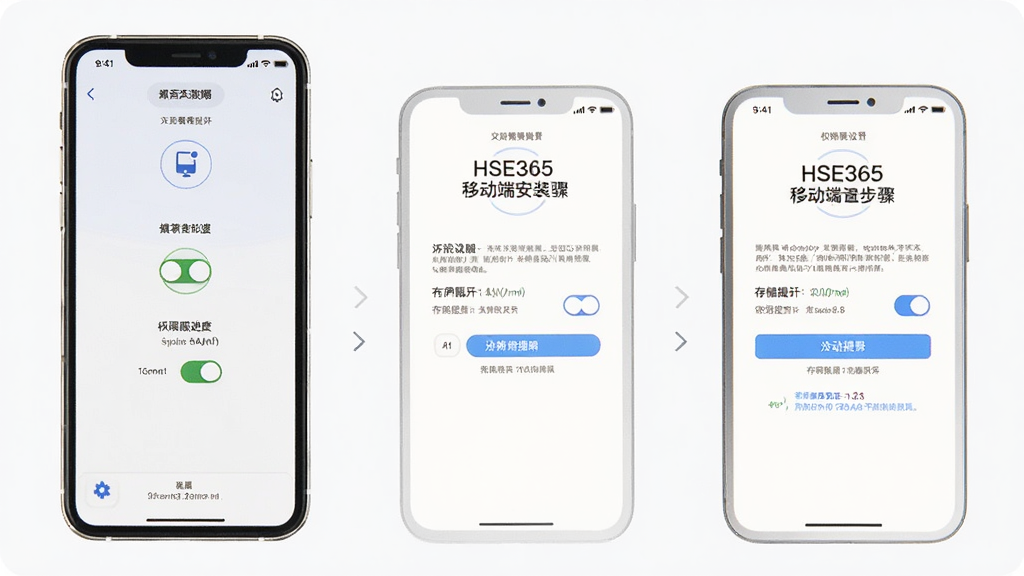 HSE365移动端安装步骤示意图,主体为手机屏幕显示安装进度和权限设置页面,布局为分步展示,排版清晰,风格简洁明了,细节包含权限开关和存储提示,画质干净无多余元素