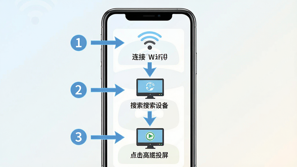一张展示投屏助手使用指南的图片,主体为手机屏幕显示投屏连接步骤示意图,布局为从上到下三步操作流程,背景为浅色渐变,排版清晰展示第一步连接WiFi、第二步搜索设备、第三步点击投屏,风格为信息图表风格,细节包括步骤数字、箭头指引、设备图标,画质高清,画面干净,无多余元素