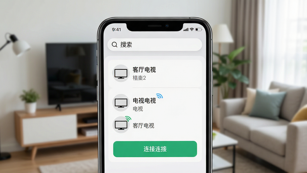一张展示投屏助手一键连接功能的图片,主体为手机屏幕显示搜索到的电视设备列表,布局为手机界面特写占据画面中心,背景为家庭客厅环境,排版突出设备名称与连接按钮,风格为清新简约科技风,细节包括WiFi信号图标、电视图标、设备名称文字“客厅电视”,画质高清,画面干净,无多余元素