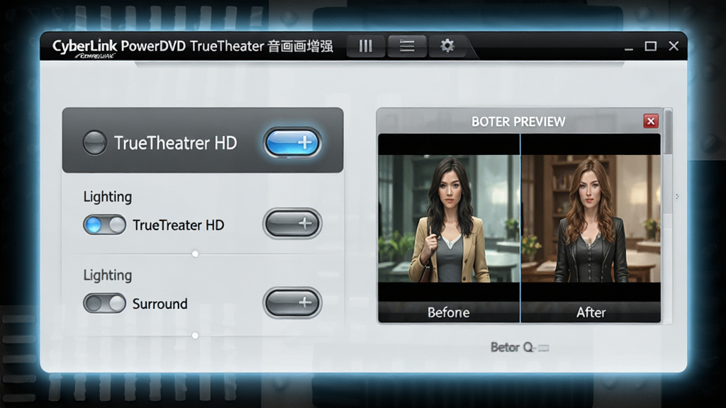 一张展示CyberLink PowerDVD TrueTheater音画增强界面的图片,主体为软件设置面板,左侧显示TrueTheater HD、Lighting、Surround等开关选项,右侧有对比预览小窗口,展示开启增强前后的画面对比,布局上设置面板居中,周围有淡蓝色光效装饰,风格为专业影音调校风,细节上开关按钮有光泽感、文字标签清晰,画质为高清,干净无多余元素