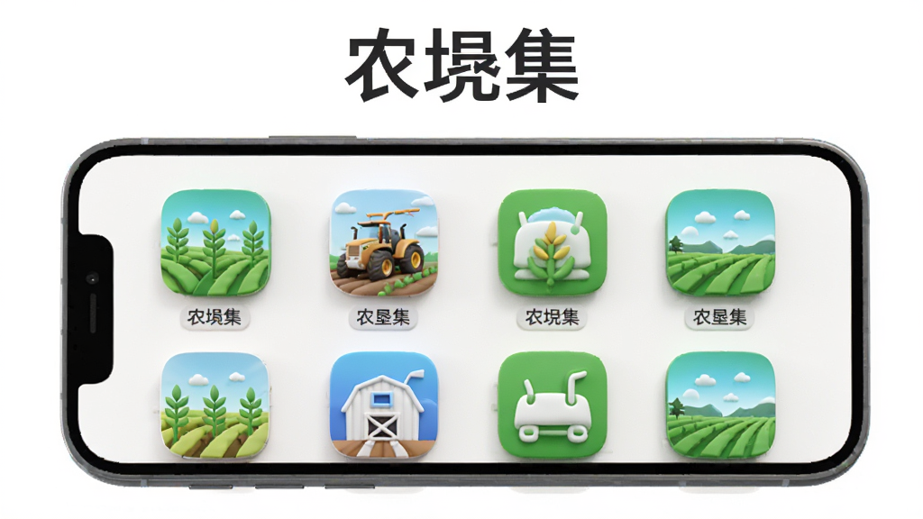 农垦集与同类应用对比示意图,画面主体为手机屏幕并列展示多个农业APP图标,布局采用横版排列,排版居中,风格为3D渲染,细节上每个图标下方有微小的文字标签,画质清晰,干净,无多余元素,图片上方需有文字“农垦集”。