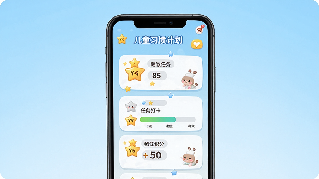 趣派成长计划 儿童习惯养成APP界面展示 主体为一部智能手机 屏幕内呈现卡通风格的任务打卡列表与星星奖励图标 布局居中 背景为浅蓝色渐变 风格清新可爱 细节包含任务卡片、进度条、积分数字 画质高清 干净 无多余元素
