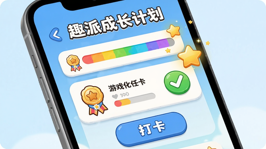 趣派成长计划 游戏化任务打卡界面 主体为手机屏幕特写 屏幕内显示任务卡片与星星奖励动画 布局为上下结构 上方为任务标题下方为打卡按钮 风格卡通活泼 细节包含彩色进度条、勋章图标、完成打勾标记 画质高清 干净 无多余元素