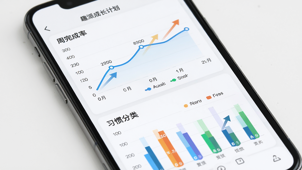 趣派成长计划 成长数据统计图表 主体为手机屏幕展示折线图与柱状图 布局为上下排列 上方为周完成率折线图下方为习惯分类柱状图 风格简约现代 细节包含数据标签、趋势箭头、彩色图例 画质高清 干净 无多余元素