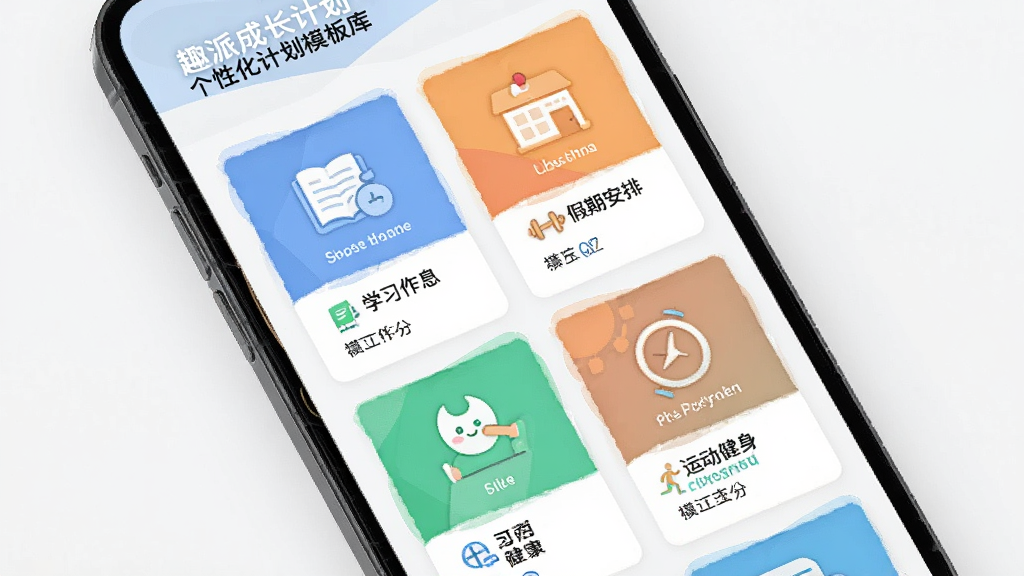 趣派成长计划 个性化计划模板库 主体为手机屏幕展示多个模板卡片 布局为网格排列 风格清爽扁平化 细节包含学习作息、假期安排、运动健身等模板封面图标 画质高清 干净 无多余元素