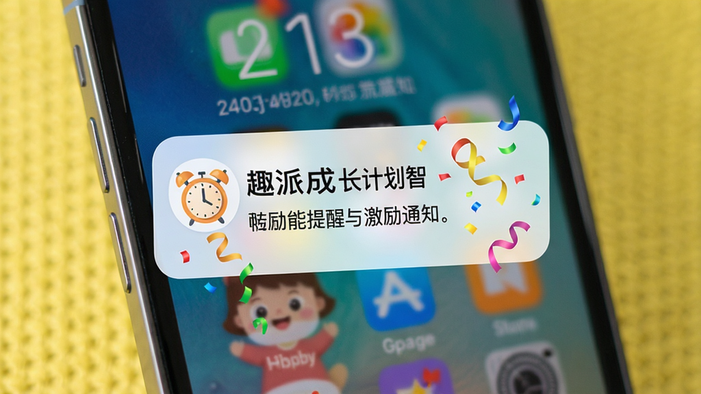 趣派成长计划 智能提醒与激励通知 主体为手机锁屏界面弹出通知卡片 布局为居中弹窗 风格活泼明快 细节包含闹钟图标、鼓励文字、庆祝彩带 画质高清 干净 无多余元素