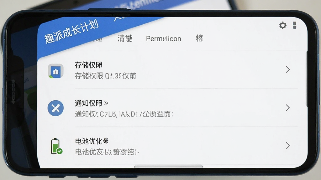 趣派成长计划 安卓手机安装权限设置界面 主体为手机屏幕显示权限管理页面 布局为列表排列 风格系统原生 细节包含存储权限、通知权限、电池优化选项 画质高清 干净 无多余元素