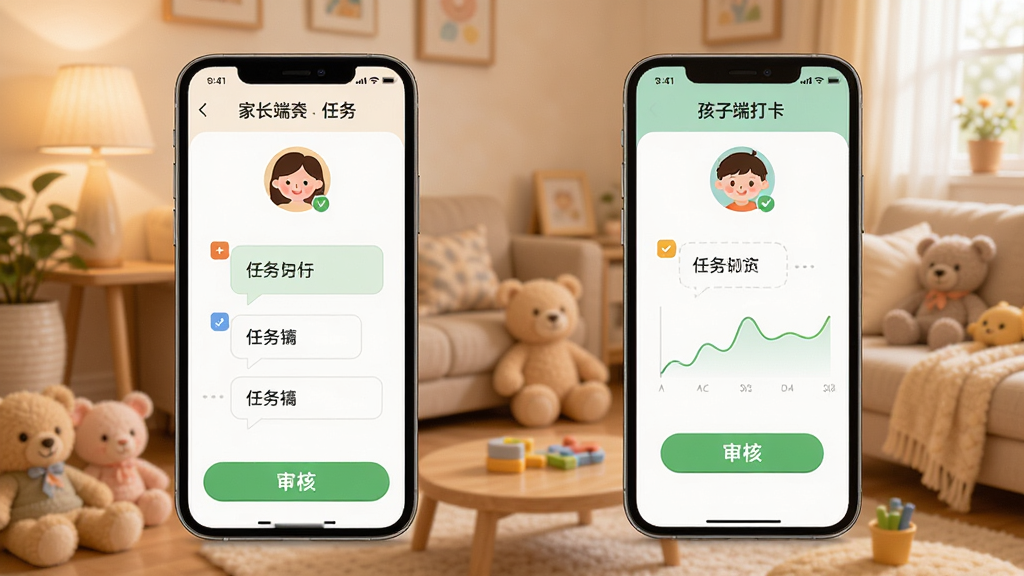 趣派成长计划 亲子协同管理界面 主体为两部手机并排展示 左侧为家长端任务发布界面右侧为孩子端打卡界面 布局为左右对比 风格温馨家庭氛围 细节包含家长头像、孩子头像、任务气泡、审核按钮 画质高清 干净 无多余元素